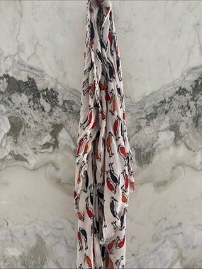WLightweight Bird Print Scarf in White with Red & Orange Birds
